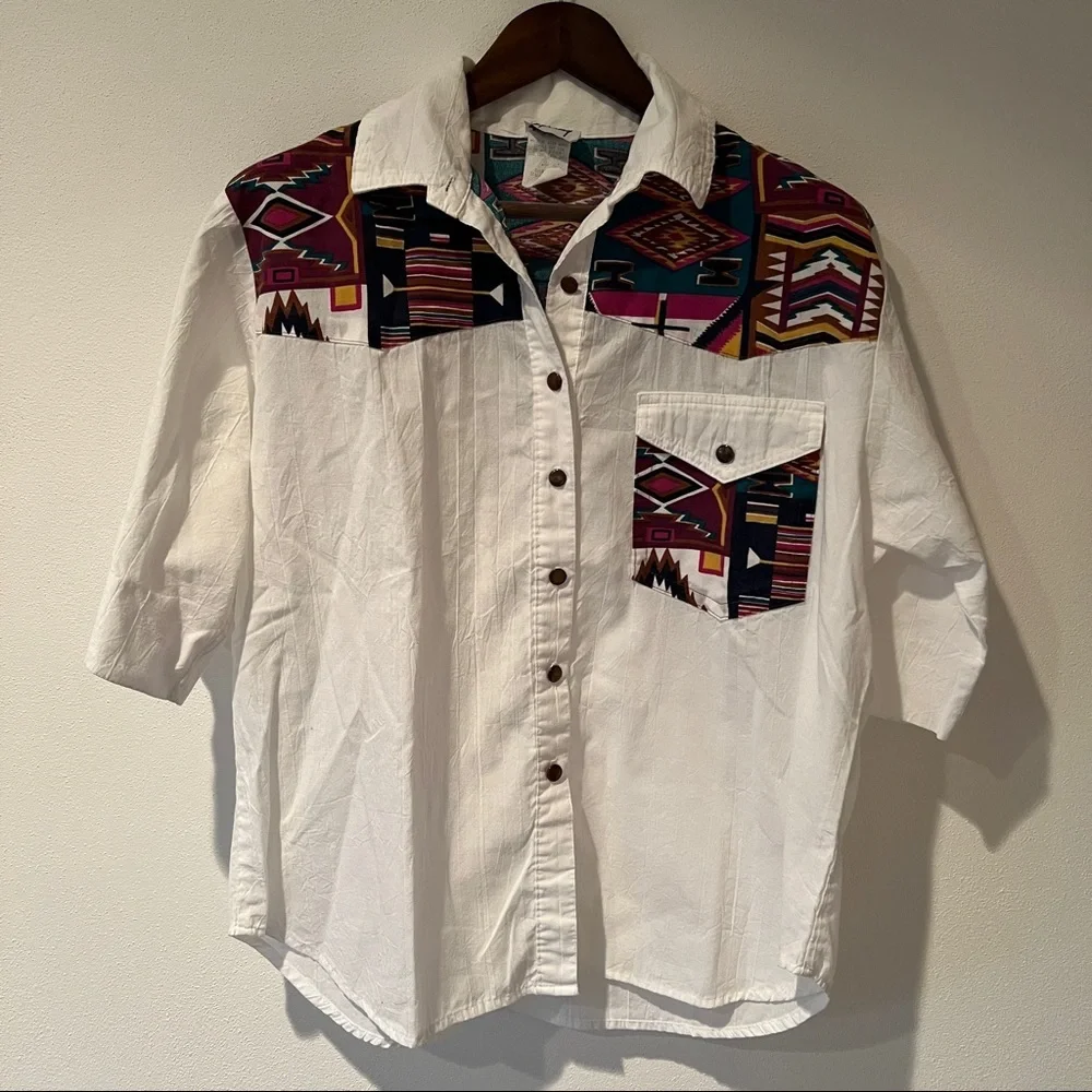 Vintage Tapestry Button Front Lightweight Blouse Aztec Southwestern Print Rodeo - Picture 2 of 8